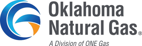 Oklahoma Natural Gas logo with blue and black circular swirl design and gray text.