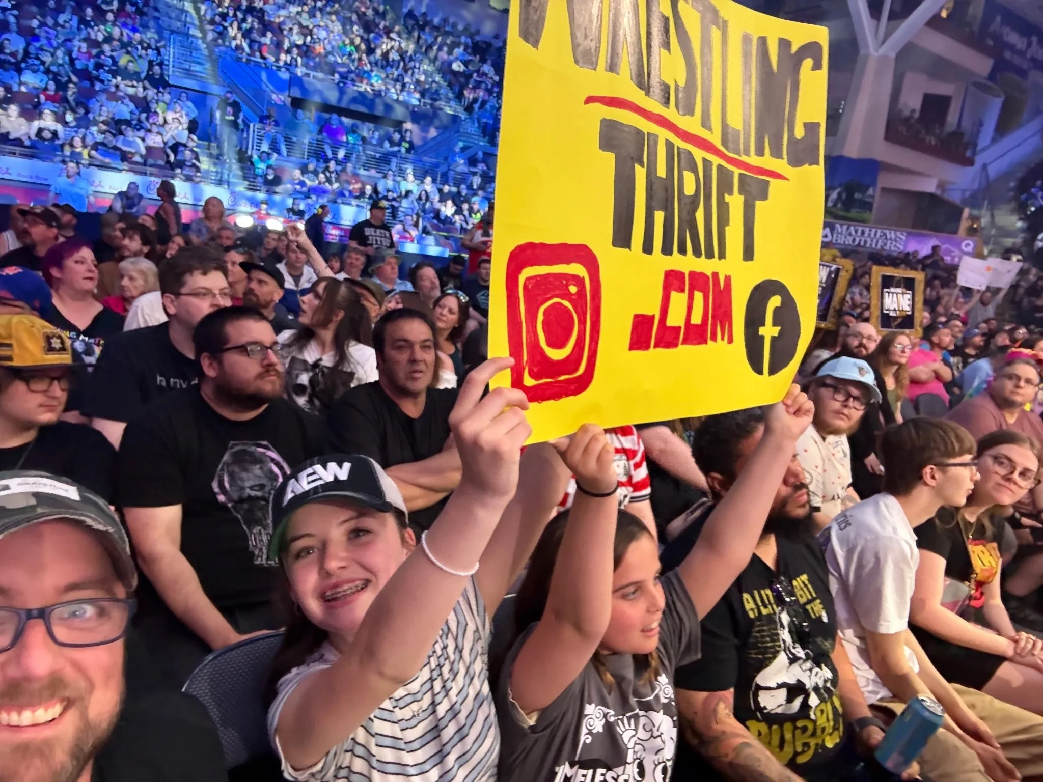 A few of our friends surprised us with something unreal tonight.

If you&rsquo;re watching AEW, you might&rsquo;ve noticed this giant yellow Wrestling Thrift sign 😂

We heard it kept making the big screen so much they were told to put it down 💀