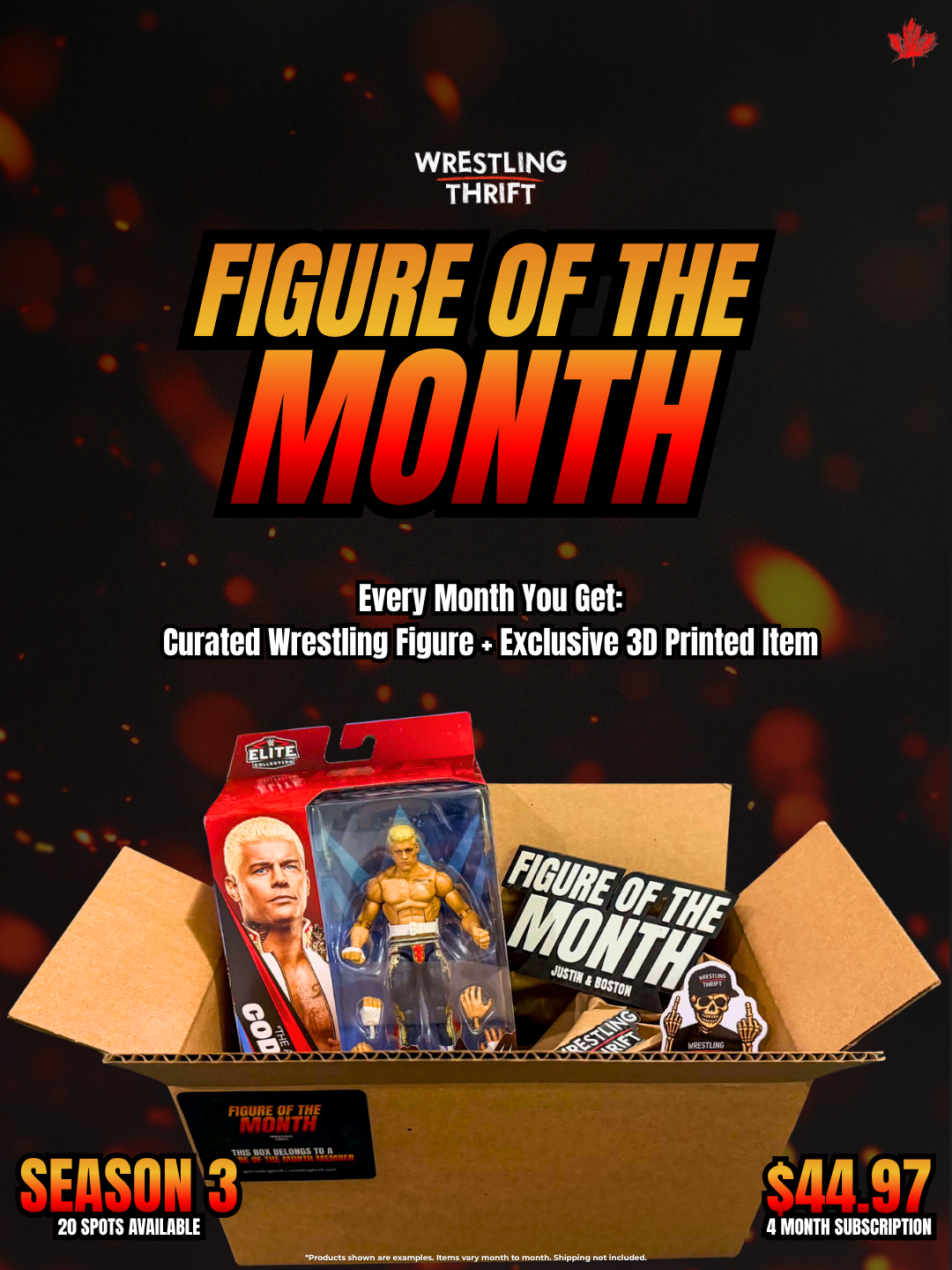 Advertisement for Wresting Thrift's 'Figure of the Month' subscription box with a wrestling figurine and various promotional items in a cardboard box.