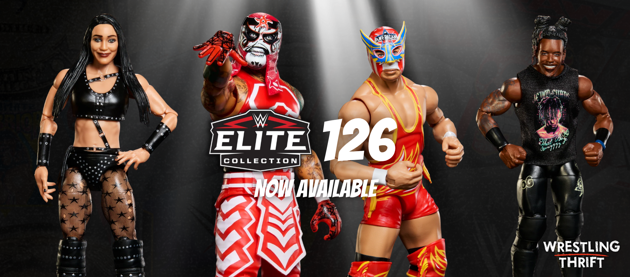 Four wrestling action figures in wrestling gear with WWE ELITE COLLECTION logo and text '126 NOW AVAILABLE' on a dark background