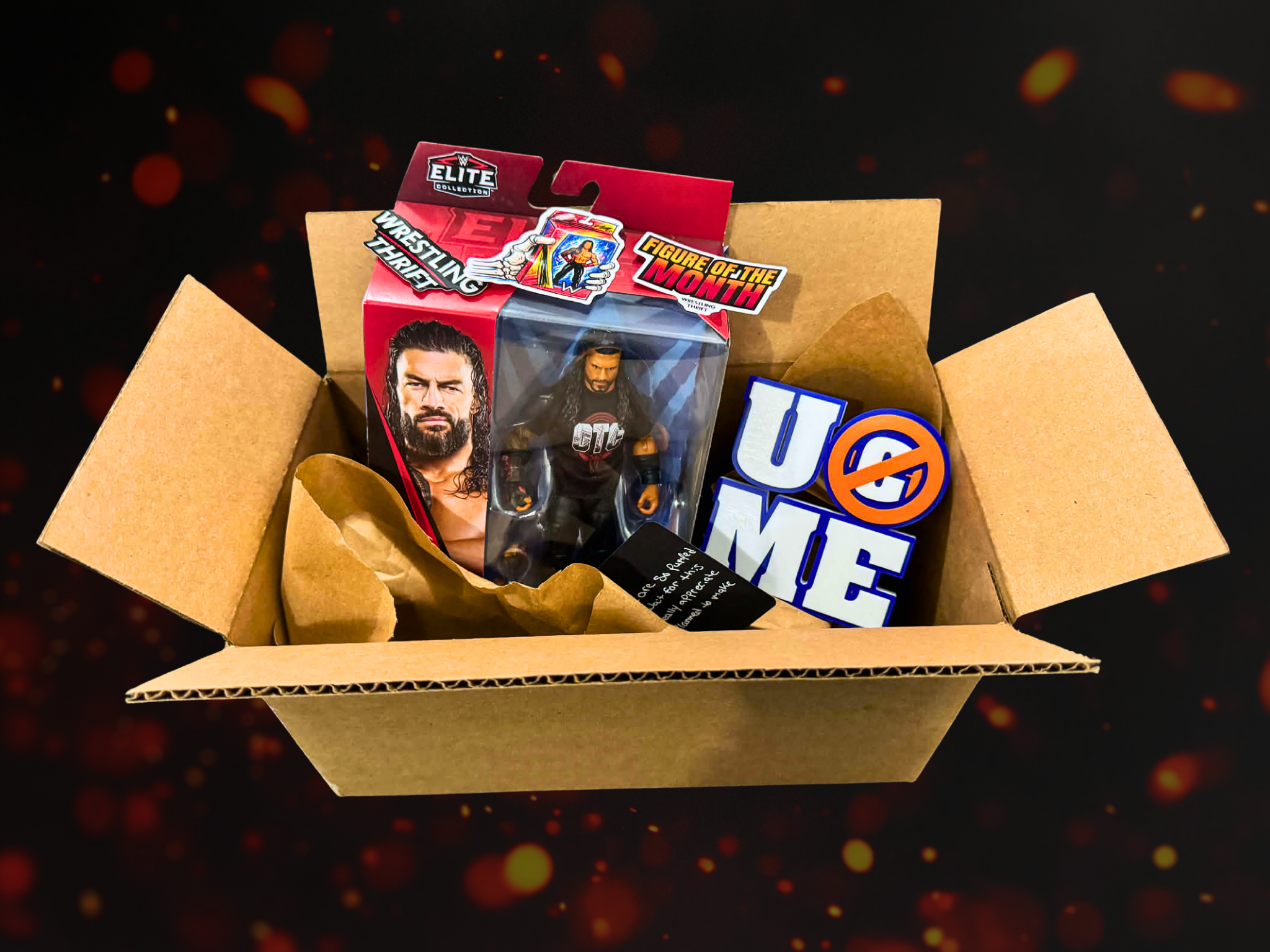 Open cardboard box containing WWE wrestling action figures, stickers, and a blue and white sign with the word 'VOTE'.