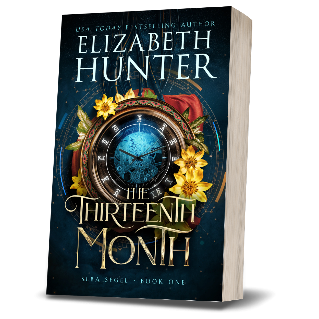 A fantasy novel titled "The Thirteenth Month" by Elizabeth Hunter, featuring a clock with a celestial background and yellow flowers on the cover.