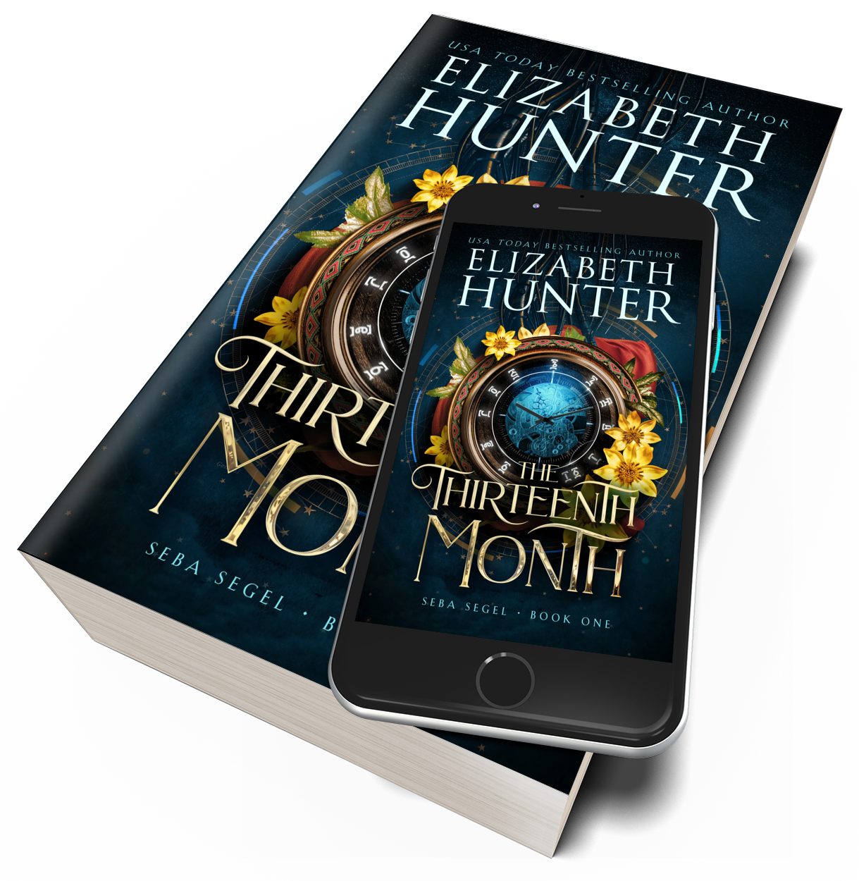 The book titled 'The Thirteenth Month' by Elizabeth Hunter, shown alongside a smartphone displaying the same book cover. The cover features a clock with intricate details and yellow flowers, with a dark blue background.
