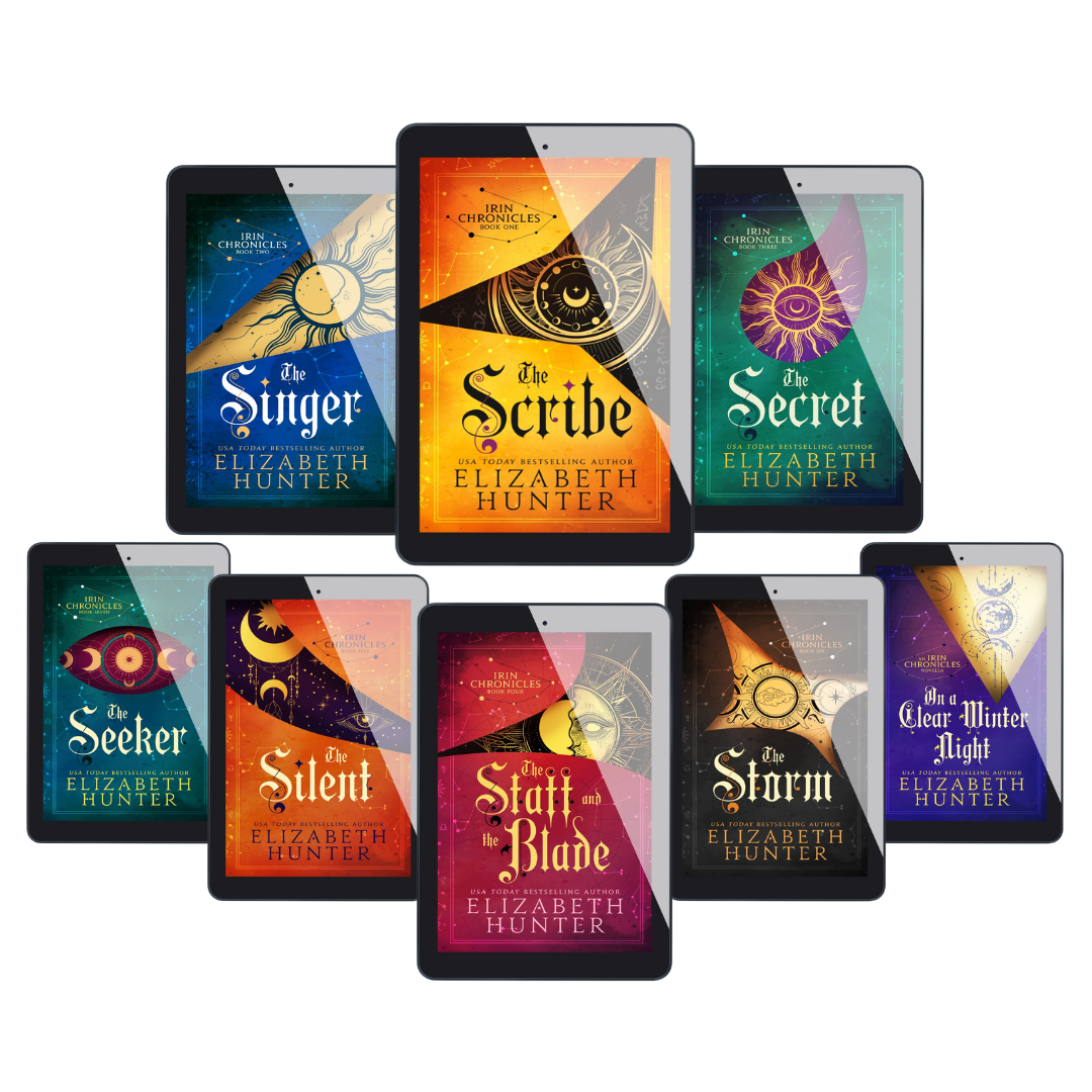 A collection of eight e-book covers by Elizabeth Hunter, titled 'Irin Chronicles', with each cover featuring celestial and mystical symbols in various colors.