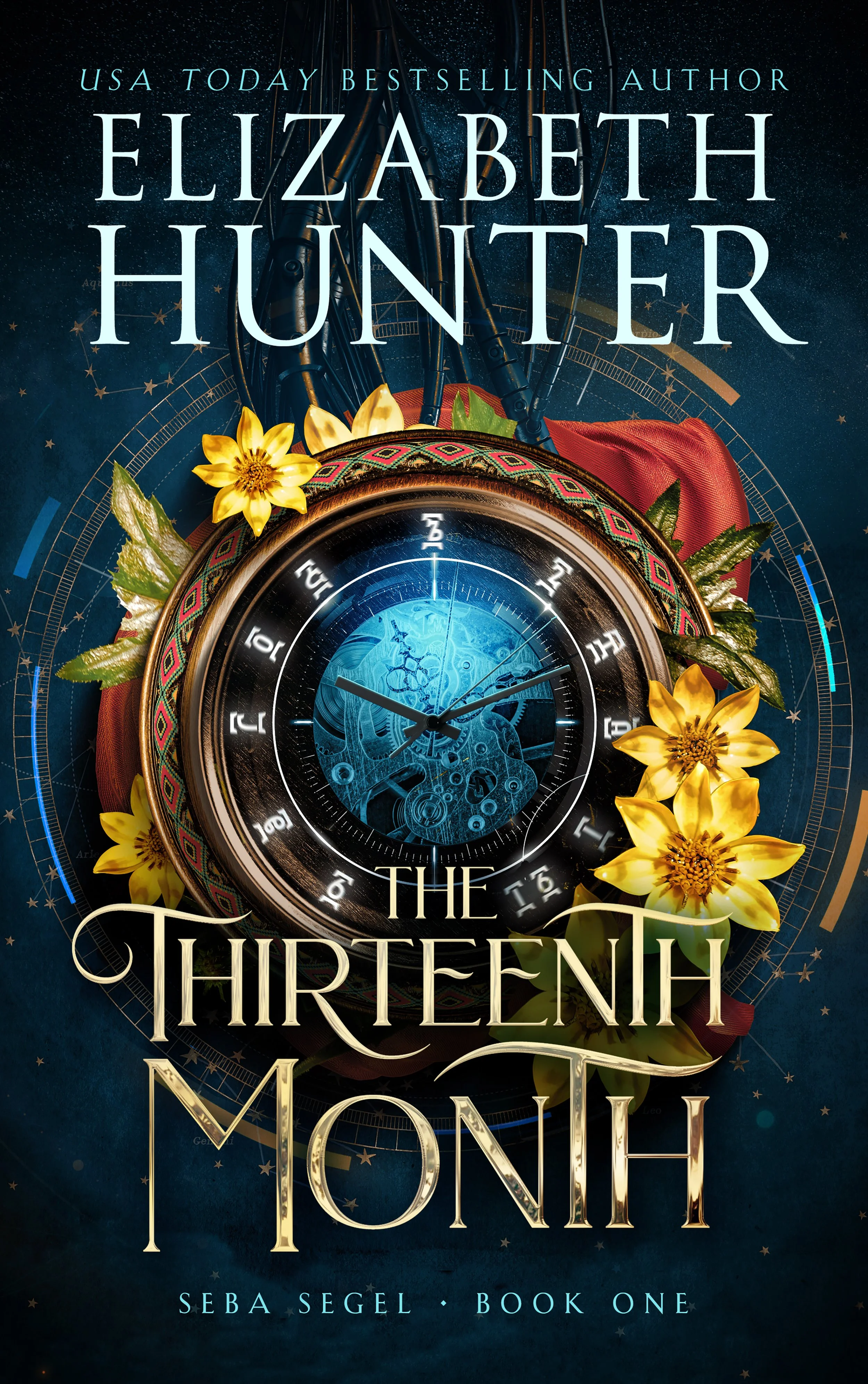 Cover of a book titled "The Thirteenth Month" by Elizabeth Hunter, featuring a mystical background with a clock, flowers, and celestial elements.