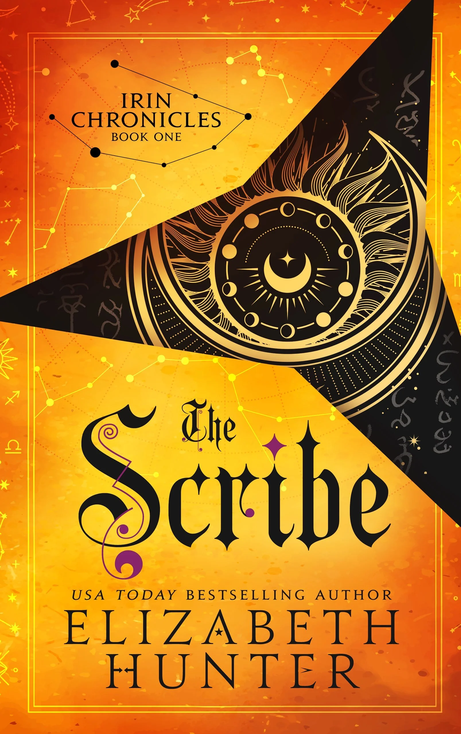 Book cover titled 'The Scribe' by Elizabeth Hunter with celestial and lunar motifs, and the text 'Irin Chronicles Book One' at the top.