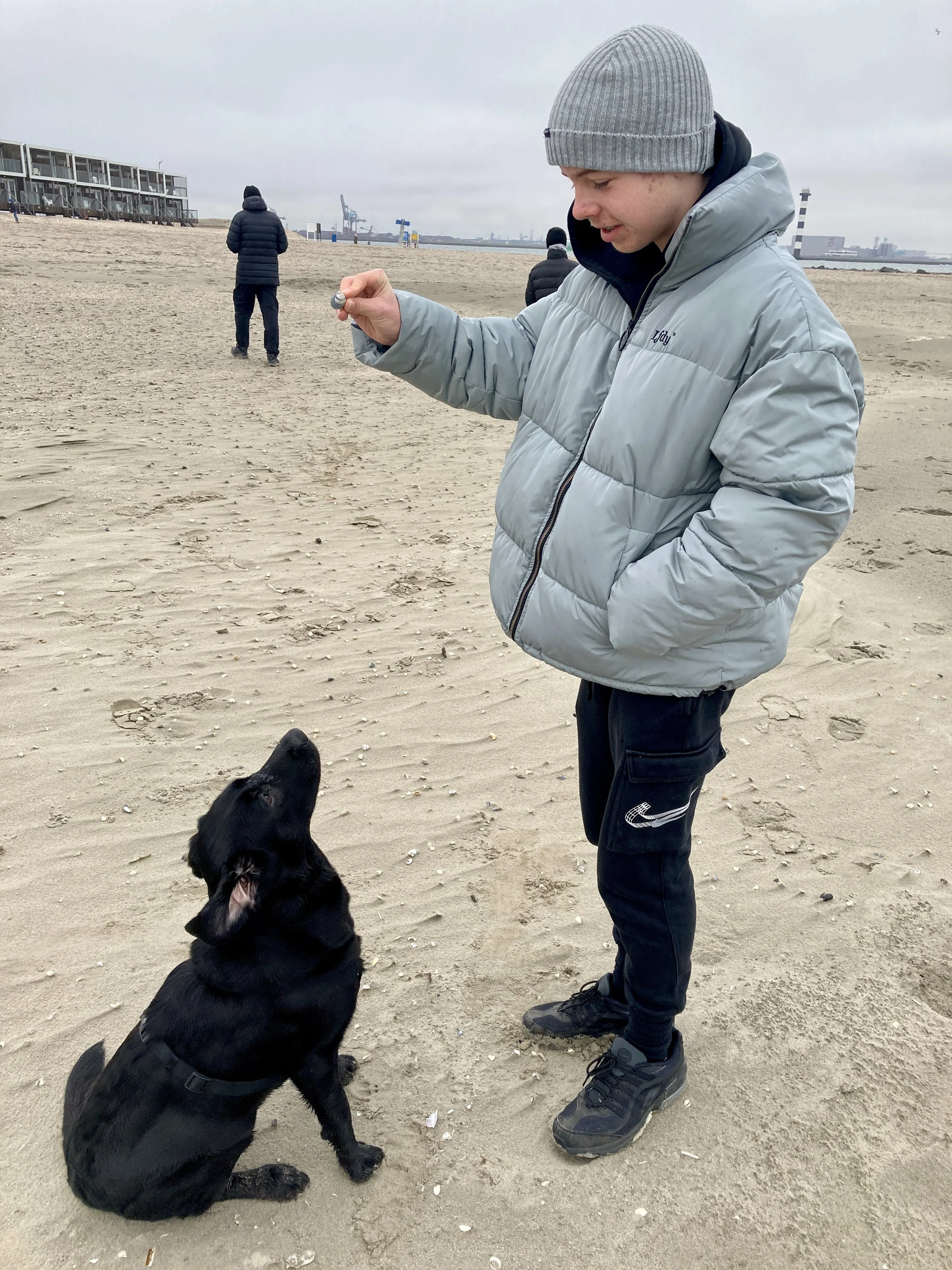 Junge mit grauer Jacke und grauem Wollmütze gibt einem schwarzen Hund einen Ball am Strand bei bewölktem Himmel.