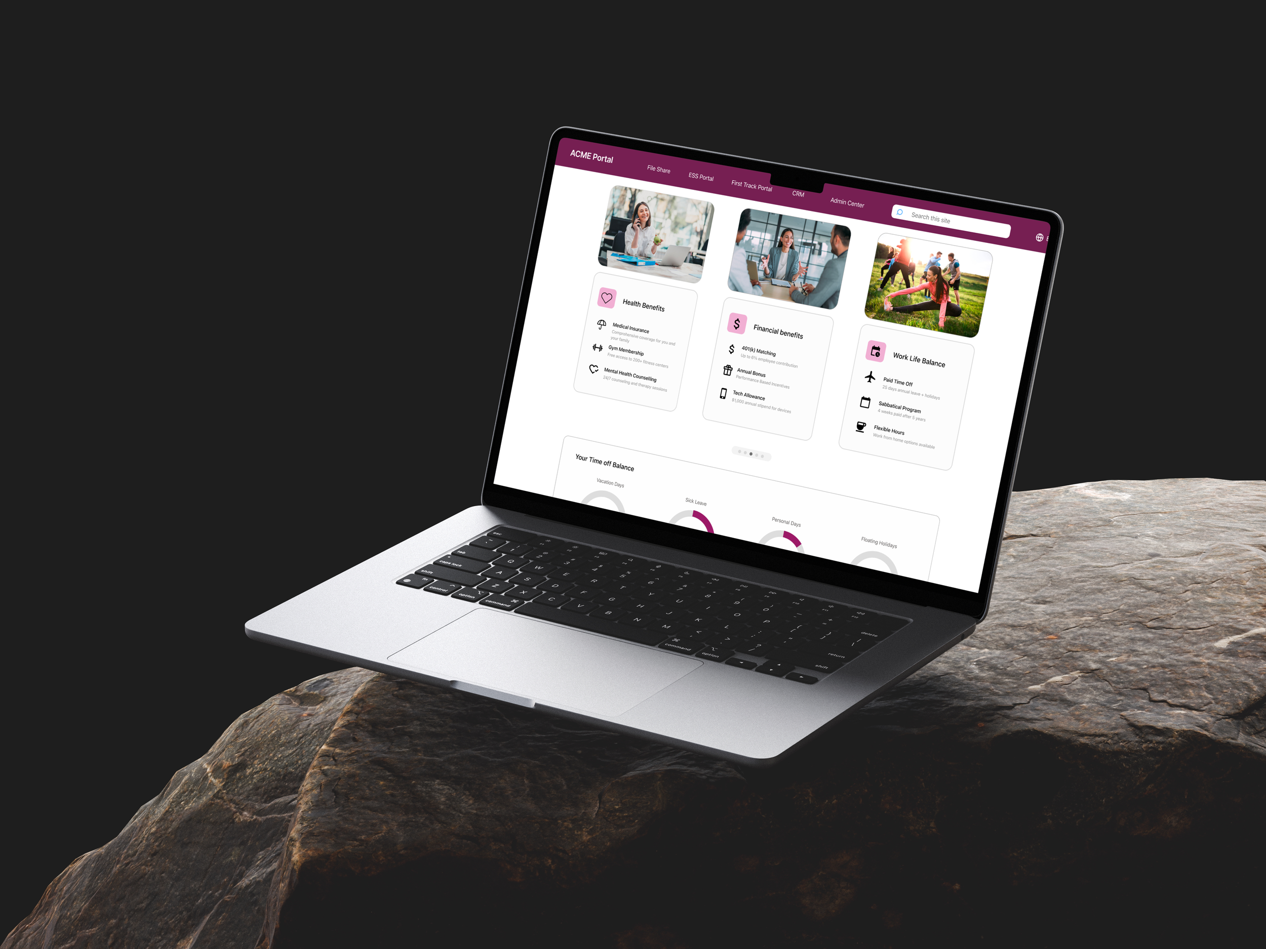 MacBook Air mockup on a textured stone surface (Mockuuups Studio).png