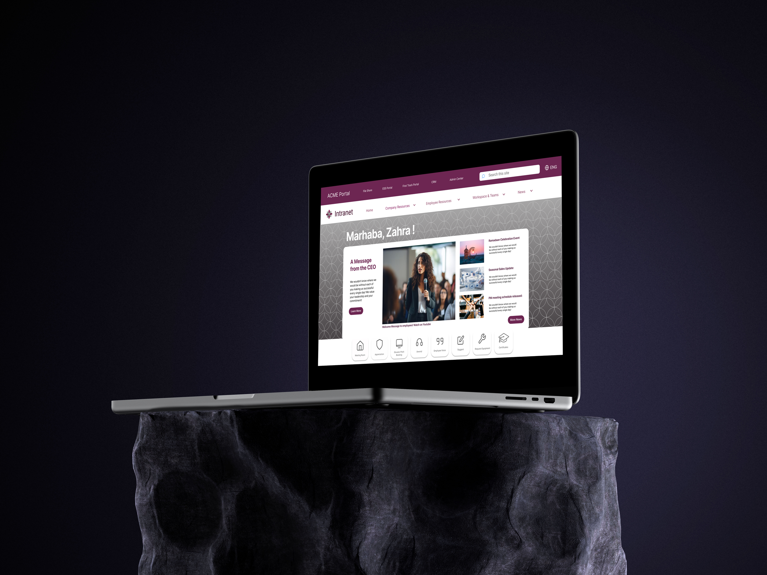 Free MacBook Pro mockup on stone pedestal (Mockuuups Studio).png