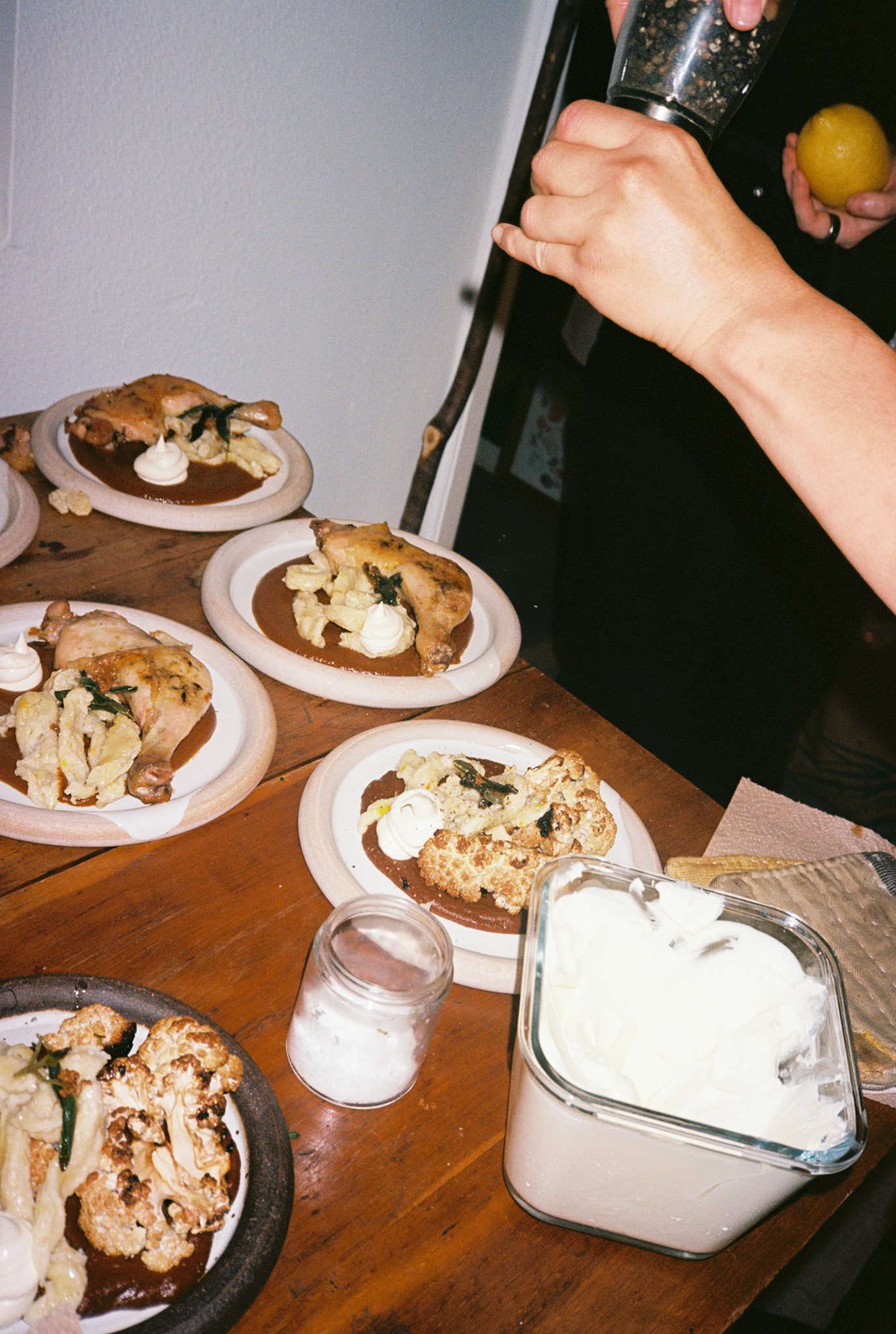 Chicken paprikash with fresh sour cream and roasted cauliflower.