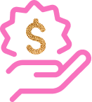 Pink hand holding a gold dollar sign surrounded by a pink outlined starburst