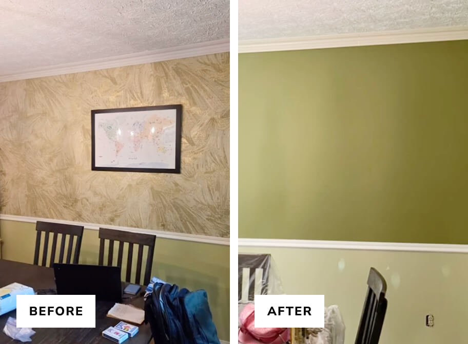 Side-by-side comparison of a dining room before and after painting. The left side shows a beige textured wall with a framed map and a dark wood dining table with chairs. The right side shows the same room with a smooth, solid green wall.