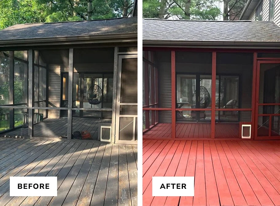 Side-by-side comparison of a screened porch. Before: The porch has weathered gray wooden flooring and black framing. After: The porch has red-painted wooden flooring and red framing, with a cleaner and more vibrant appearance.