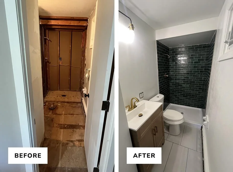 Bathroom before and after renovation; left side shows a space with unfinished wall framing and exposed wiring, right side shows a completed bathroom with a white sink, a toilet, black tiled shower, and white walls.
