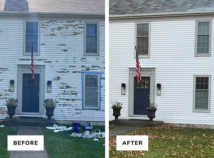 Comparative image of a house exterior showing a before and after renovation. The "before" side has peeling and damaged white siding, while the "after" side features a clean, freshly painted white exterior with no damage. The house has a blue front door, black planters with plants, and an American flag on the porch.