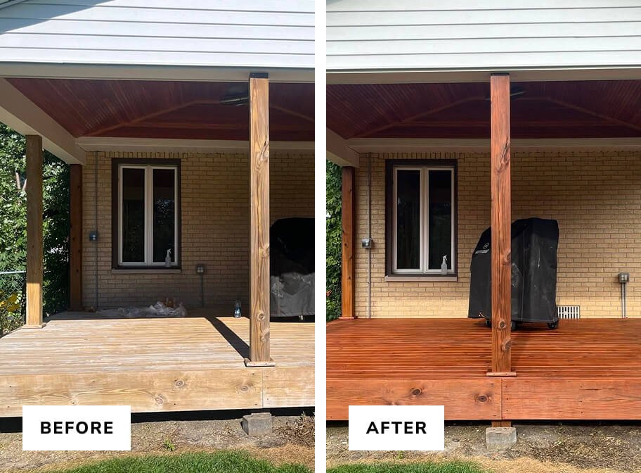 Side-by-side comparison of a house porch before and after renovation. The before side has a weathered, light-colored wooden deck with a wood post, a window, and a grill covered with a black cover. The after side shows a stained, reddish wooden deck with the same window, a new wood stain, and the same grill, now with the cover removed.