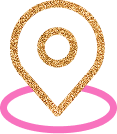 Stylized map pin icon with concentric circles, outlined in gold and pink.
