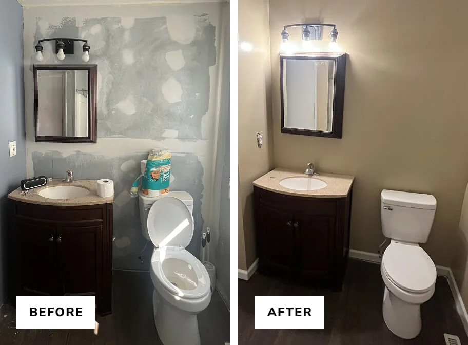 Comparison of bathroom before and after renovation. Before image shows an unfinished wall with patching spots, a small dark wooden vanity with a sink, a mirror, a light fixture with three bulbs, and a toilet with cleaning supplies on top. After image shows a finished wall with paint, a matching dark wooden vanity with a sink, a mirror, a different light fixture with three bulbs, and a clean, white toilet.