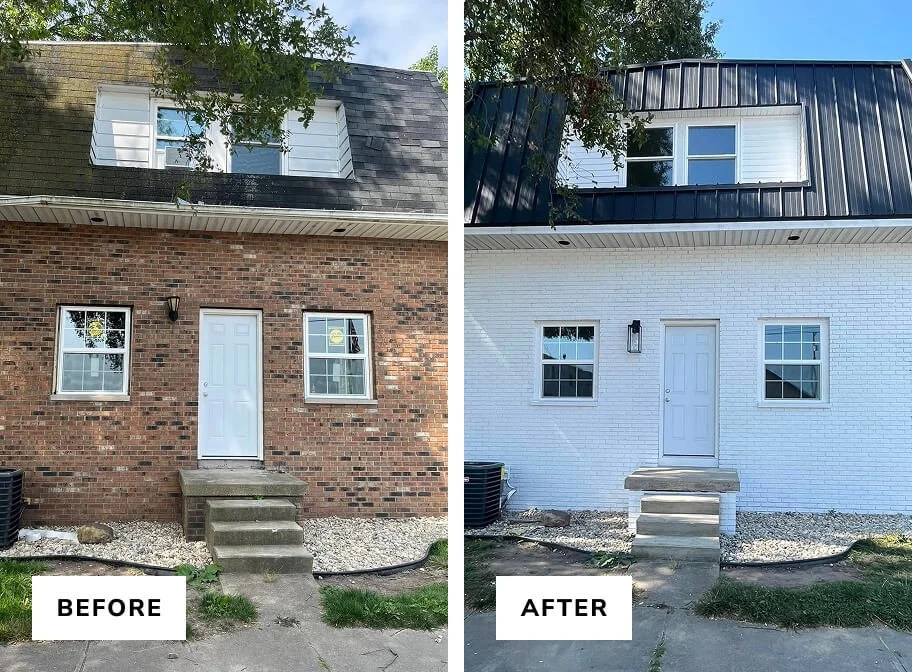 Side-by-side comparison of a house before and after exterior renovation. The left shows a brick house with a white door, two windows, and a black roof. The right shows the same house painted white with new windows, a light fixture, and the same door and steps.