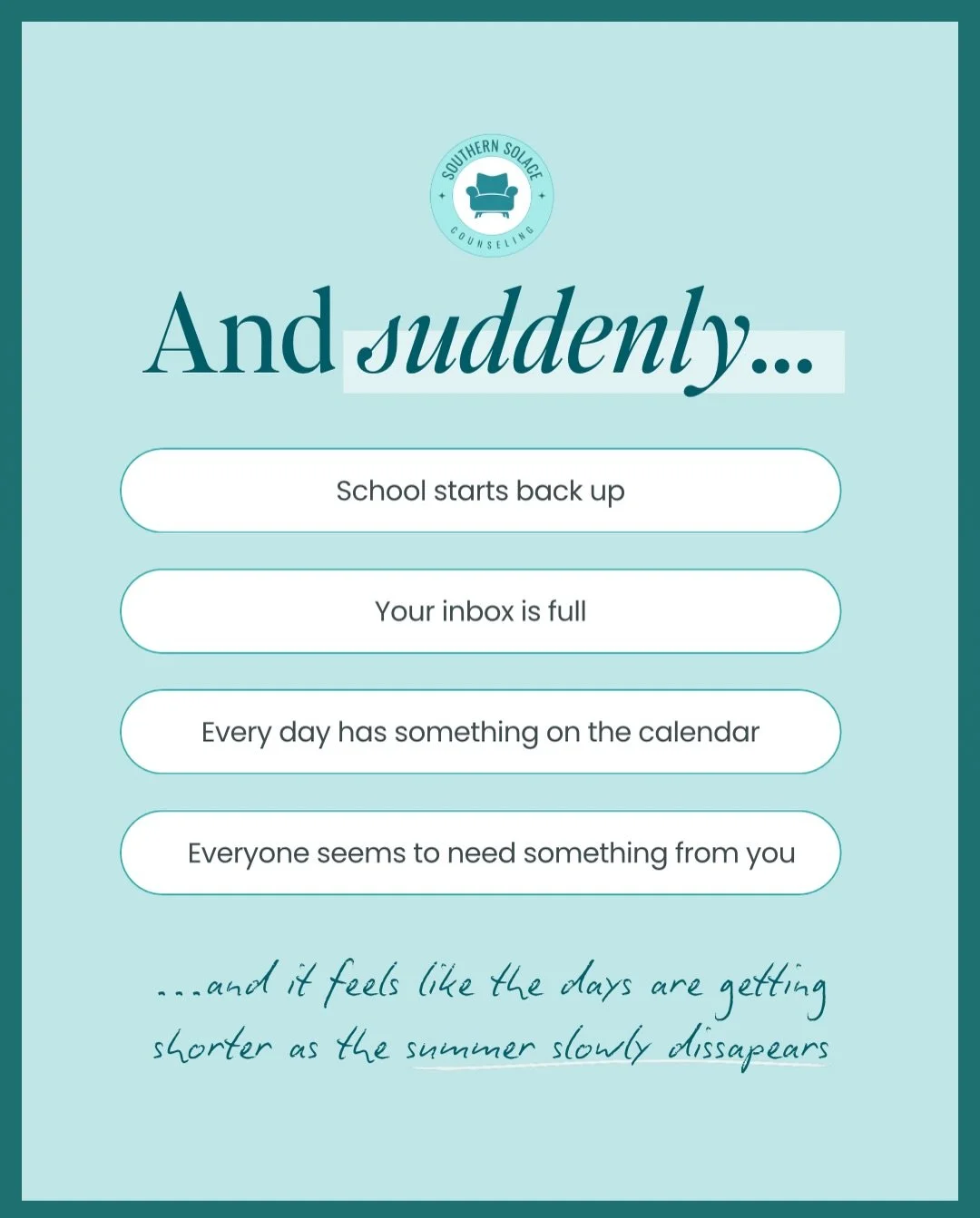 Does it feel like life suddenly speeds up this time of year?

As summer comes to an end, routines change. School starts, work gets busier, calendars fill up, and the mental load seems to double overnight.

It&rsquo;s important to remember that stress