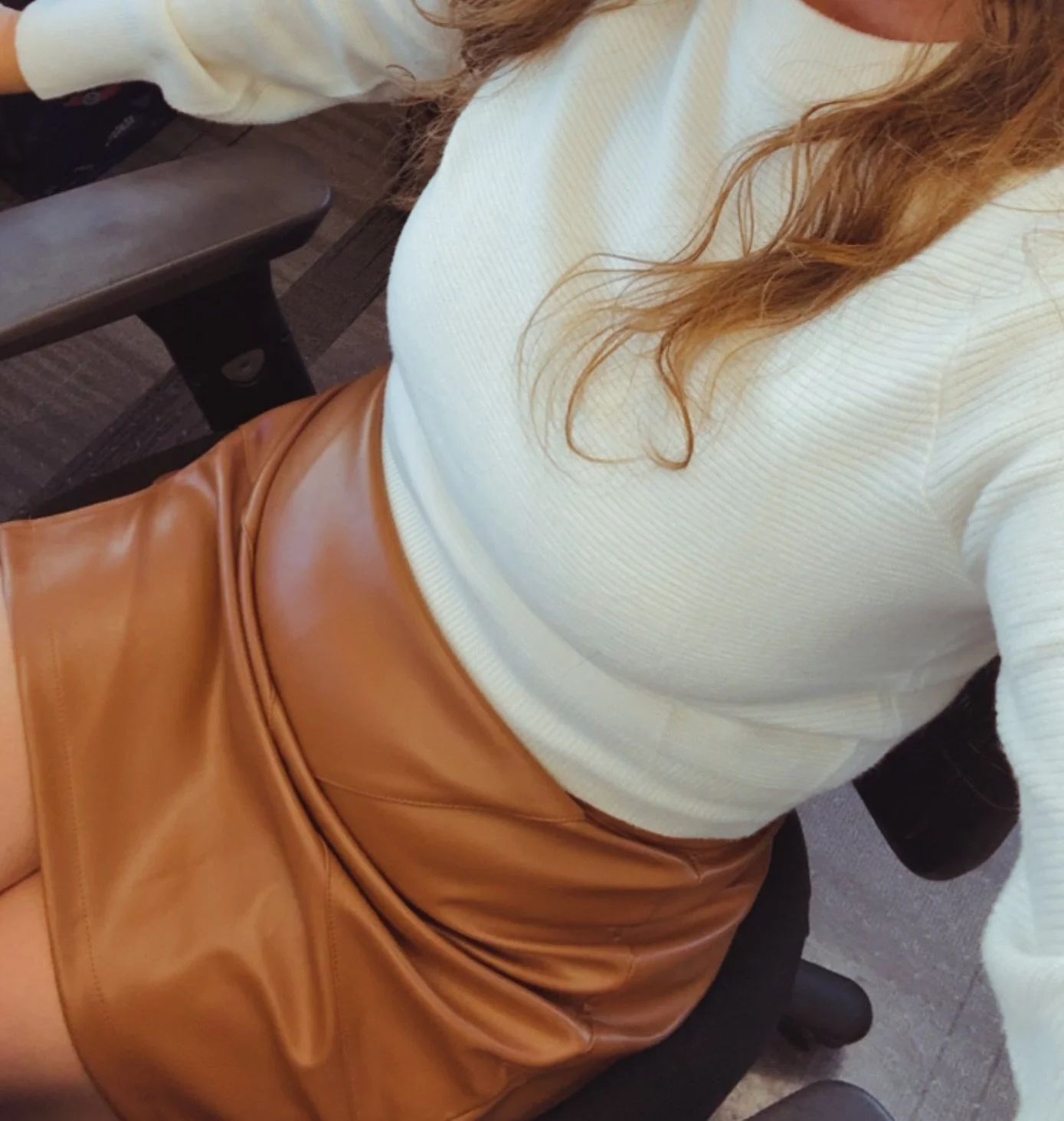Faux Leather Skirt - with built in shorts. 
White cropped sweater - perfect for FALL. 
Comment LINK for the link to my website and all these fall items! 

Fall/ outfits/ affiliate marketing/ leather skirt/ amazon/ moms/ working mom / corporate/ offic