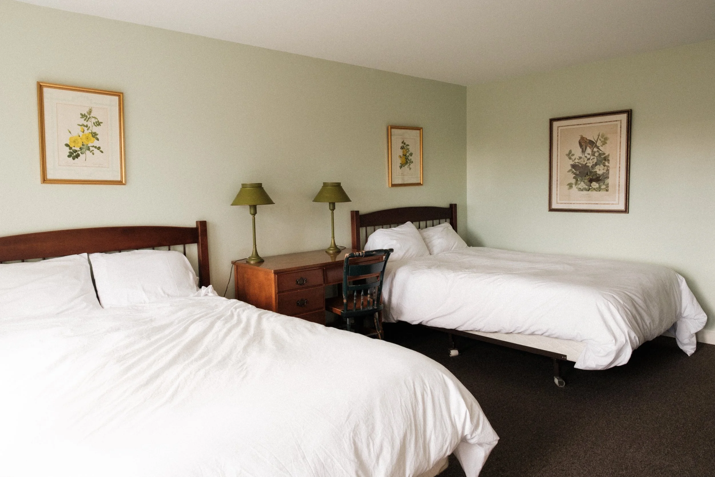 Two beds with white bedding in a hotel room, with art on the walls, a wooden nightstand, and two green lamps.