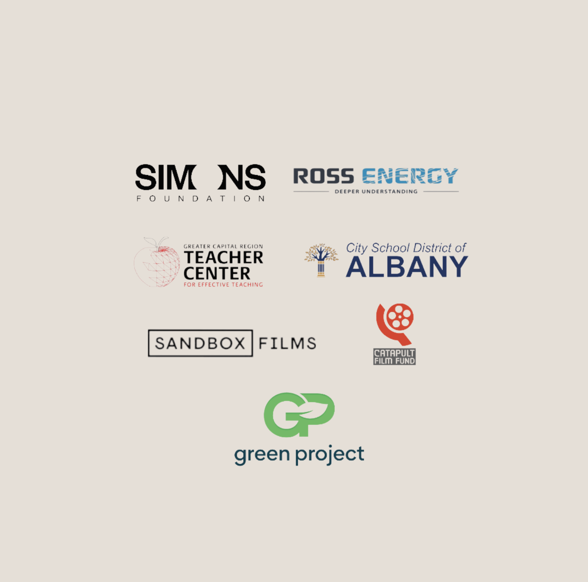 Collection of various organization logos including Simons Foundation, Ross Energy, Greater Capital Region Teacher Center, Albany City School District, Sandbox Films, Catalpt Film Fund, and Green Project.