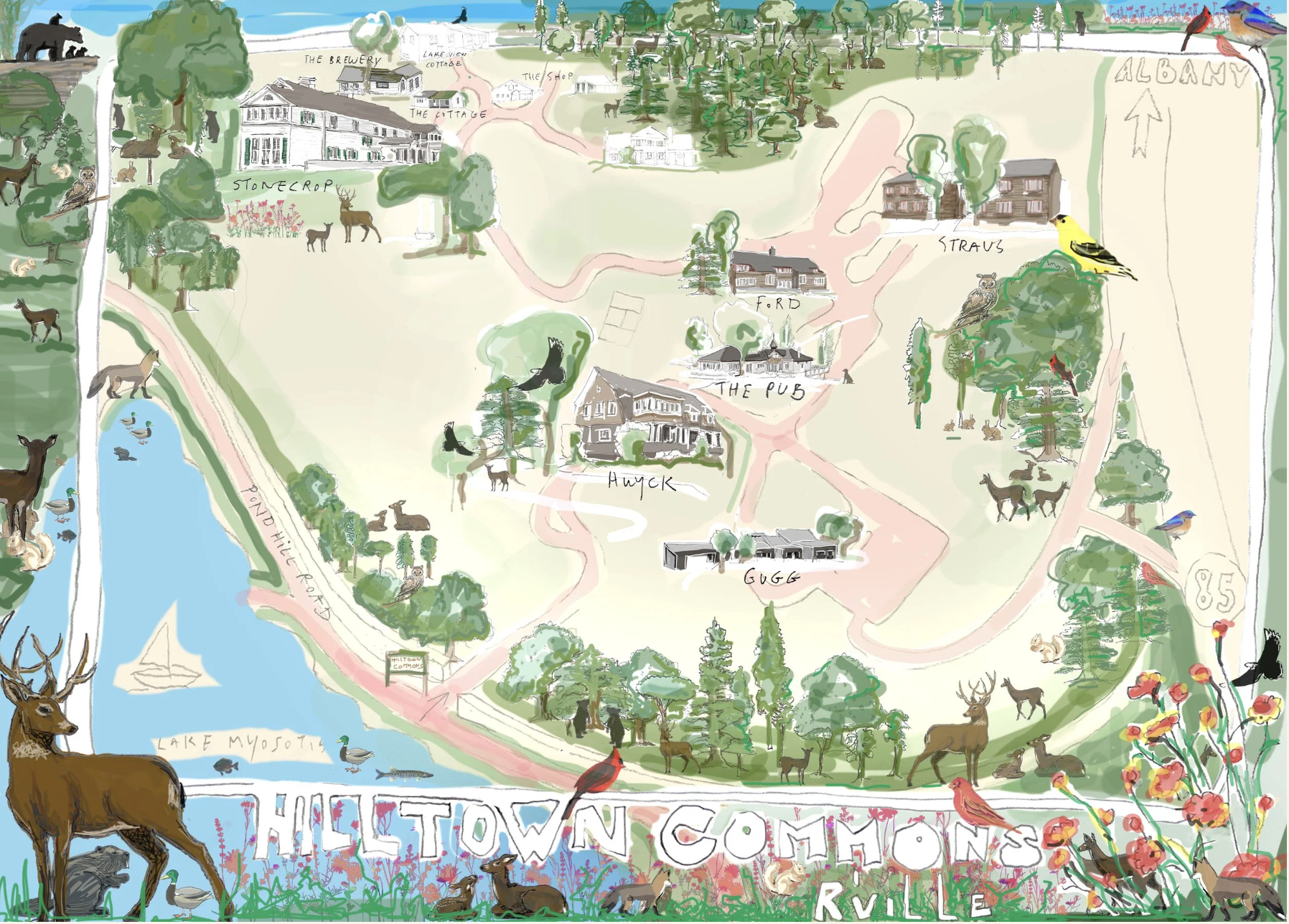 Map of HulrTown Commons RV Park featuring lakes, wooded areas, various cabins, pathways, and wildlife including deer, birds, and fish, with areas labeled such as Lake Myosotis, The Brewery, Stonecrop, The Shop, The Cottage, F. Ford, The Pub, Gugg, and Hyuck.