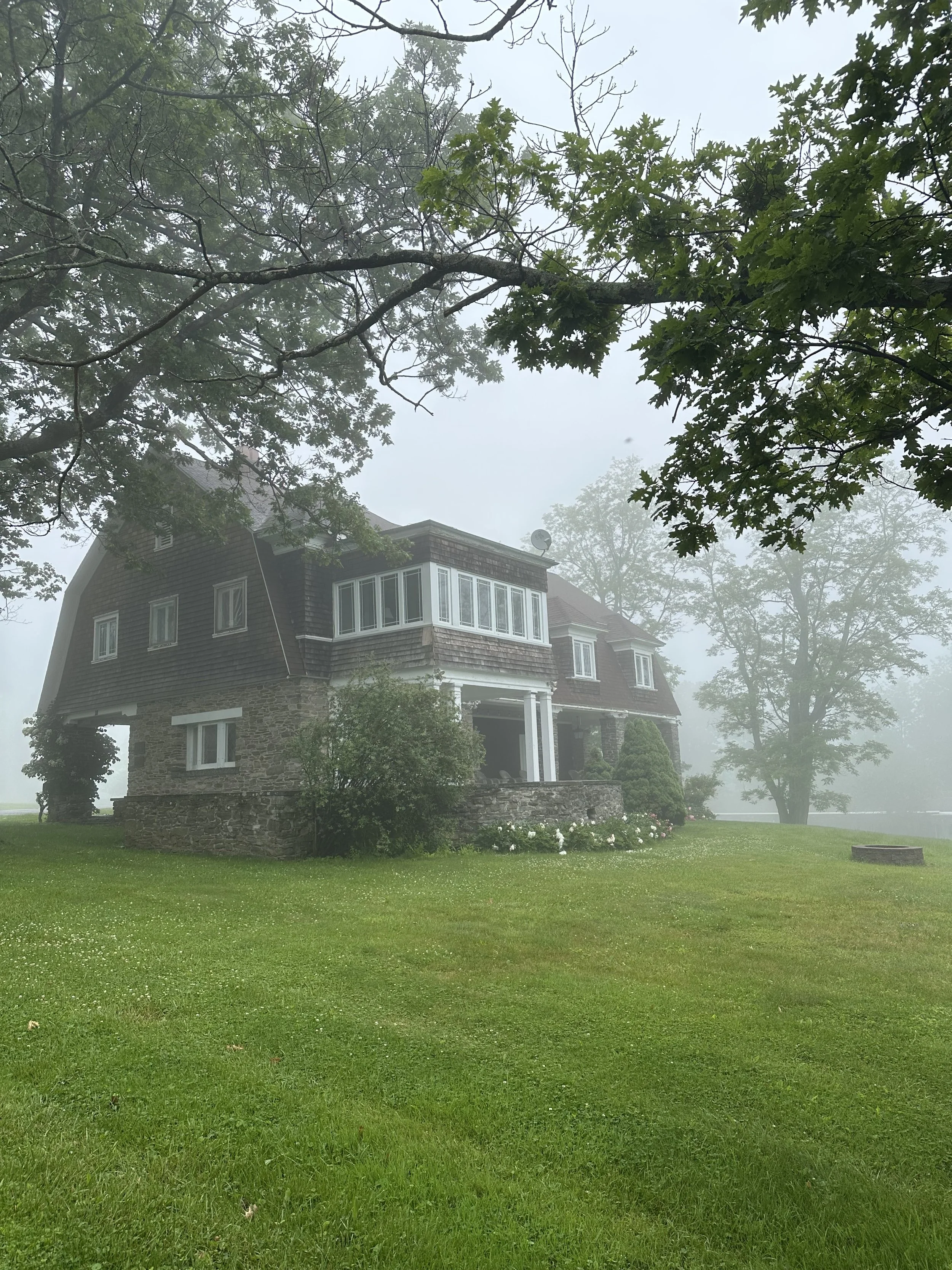 A foggy scene of a house with gray siding and white trim, surrounded by green grass and trees.