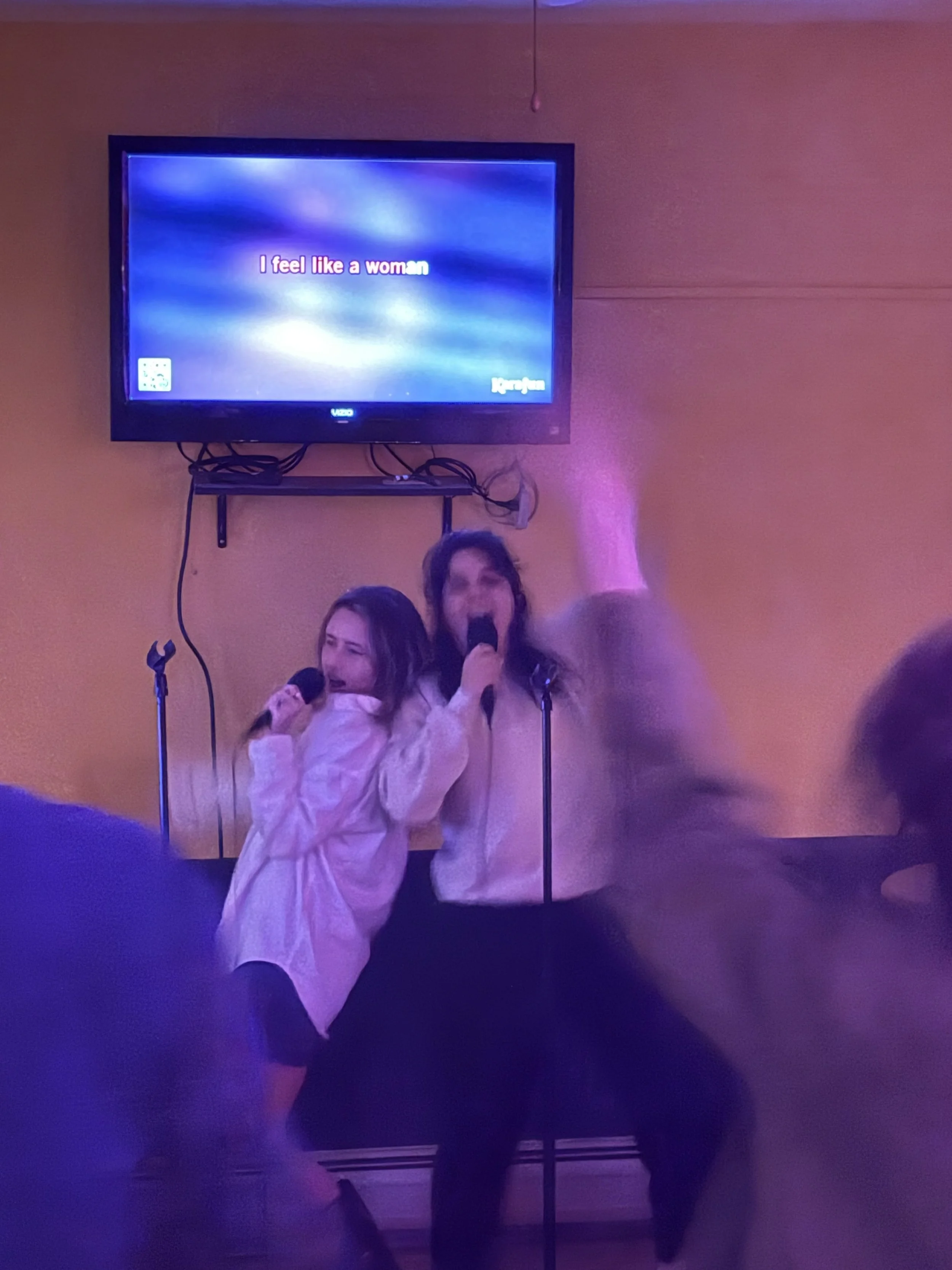 Two women singing karaoke with microphones, standing in front of a television screen displaying karaoke lyrics, in a room with colored lighting.