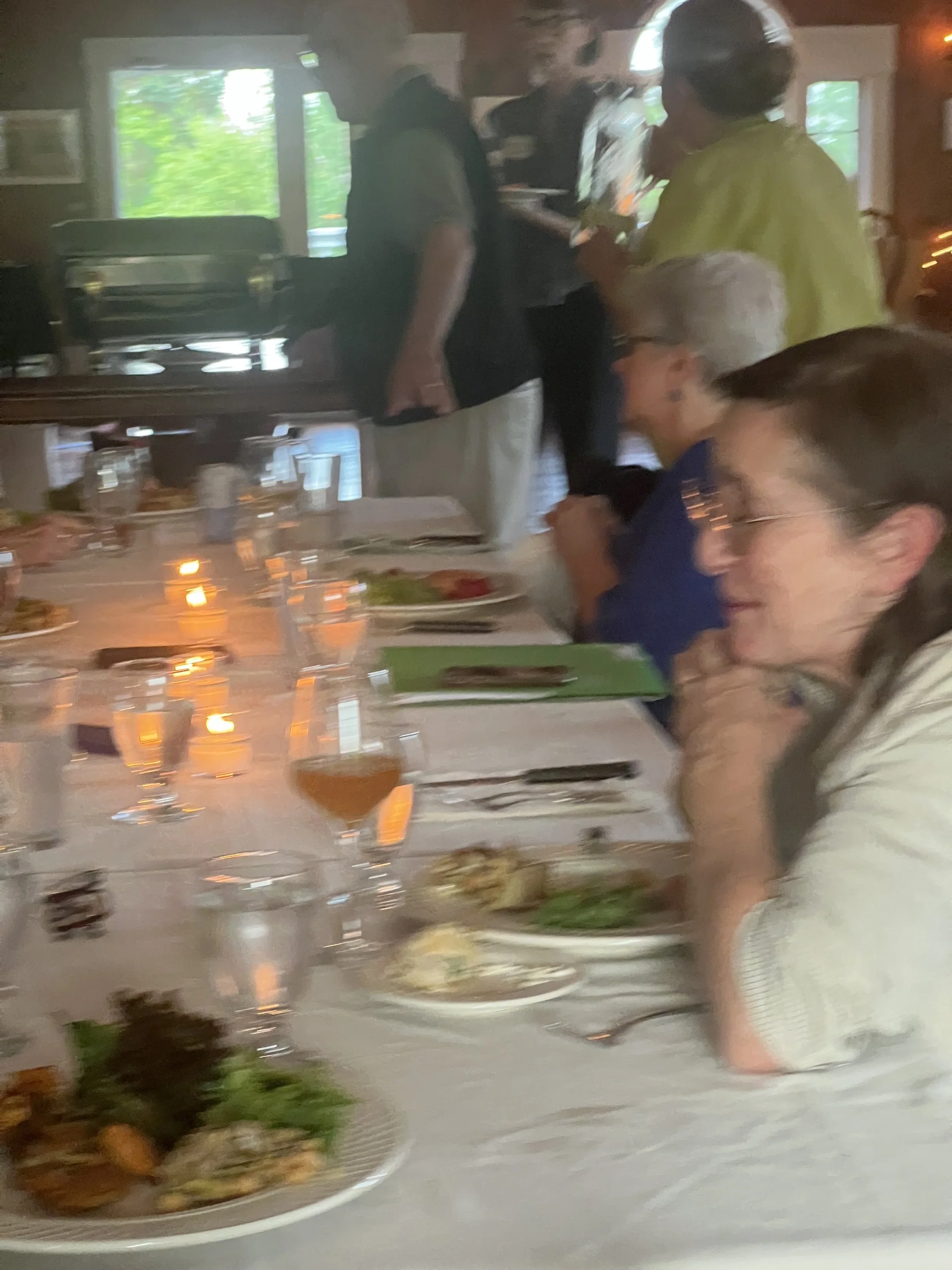 People dining at a restaurant table with plates of food, glasses, and a lit candle, in a cozy indoor setting with windows showing greenery outside.