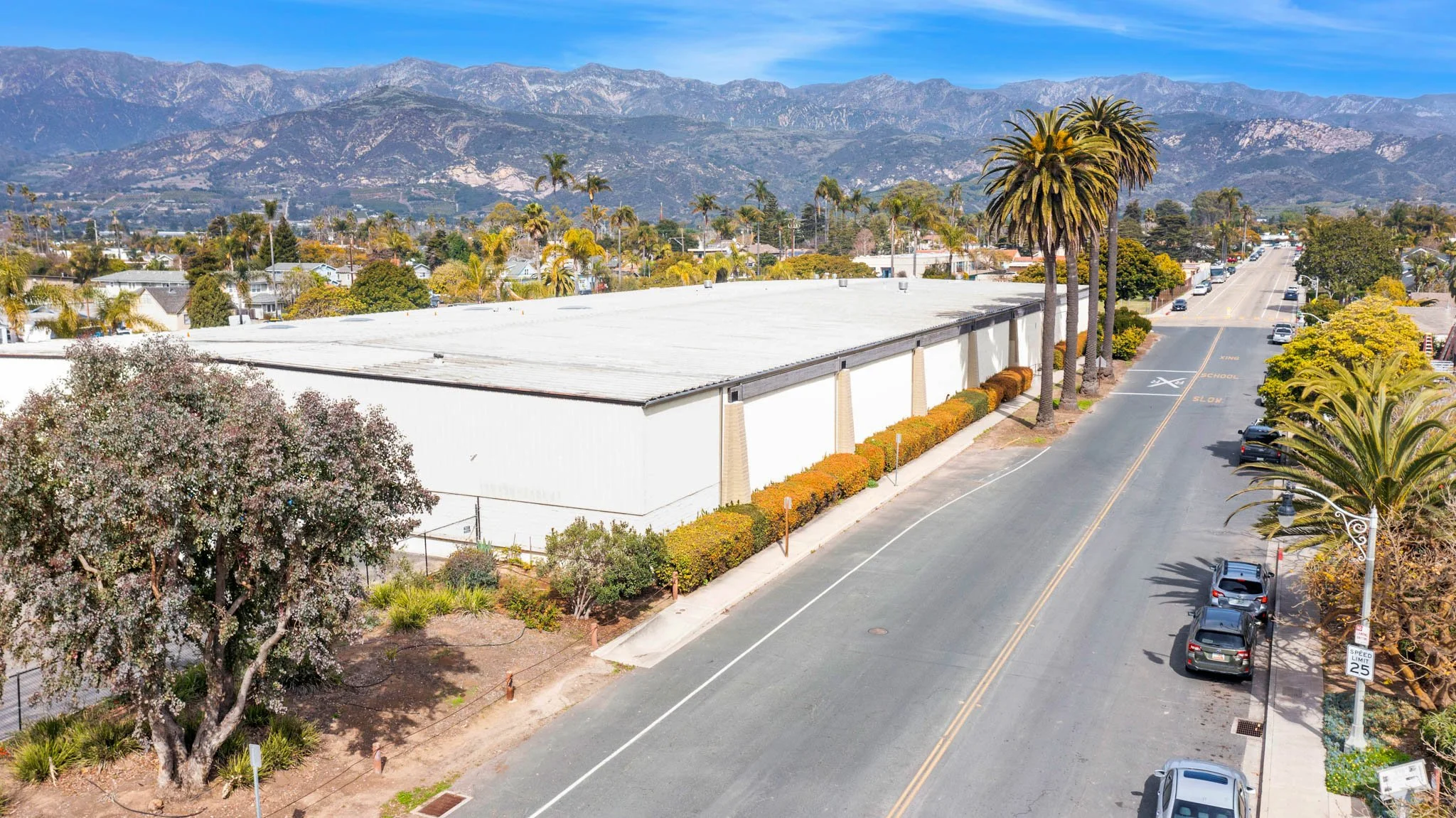 Aerial view of a street with parked cars, tall palm trees, a large white industrial building, and mountains in the background under a clear blue sky.