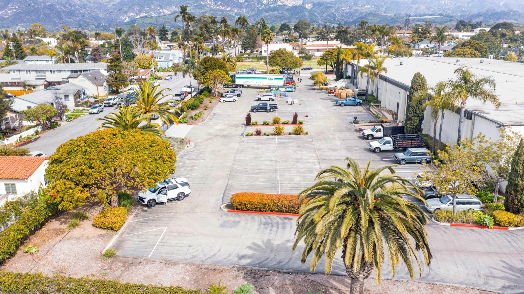 A mostly empty parking lot with a few cars parked and some greenery including palm trees and bushes, surrounded by residential houses and commercial buildings, with mountains in the background.