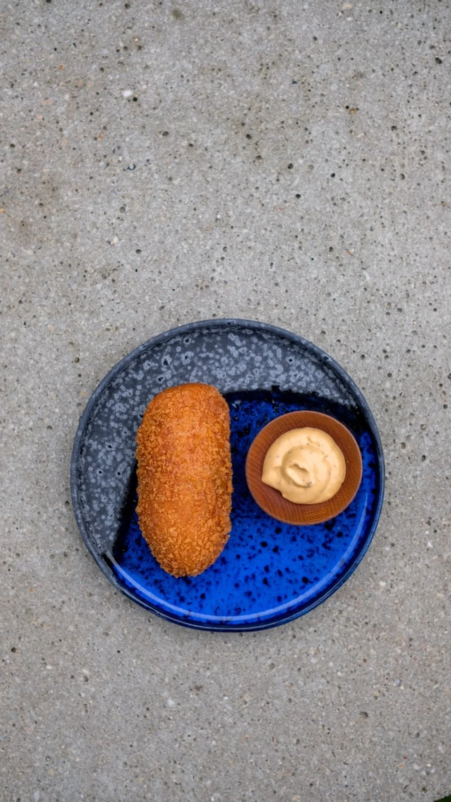 A blue speckled ceramic plate with a breaded croquette and a small container of dipping sauce, placed on a concrete surface.