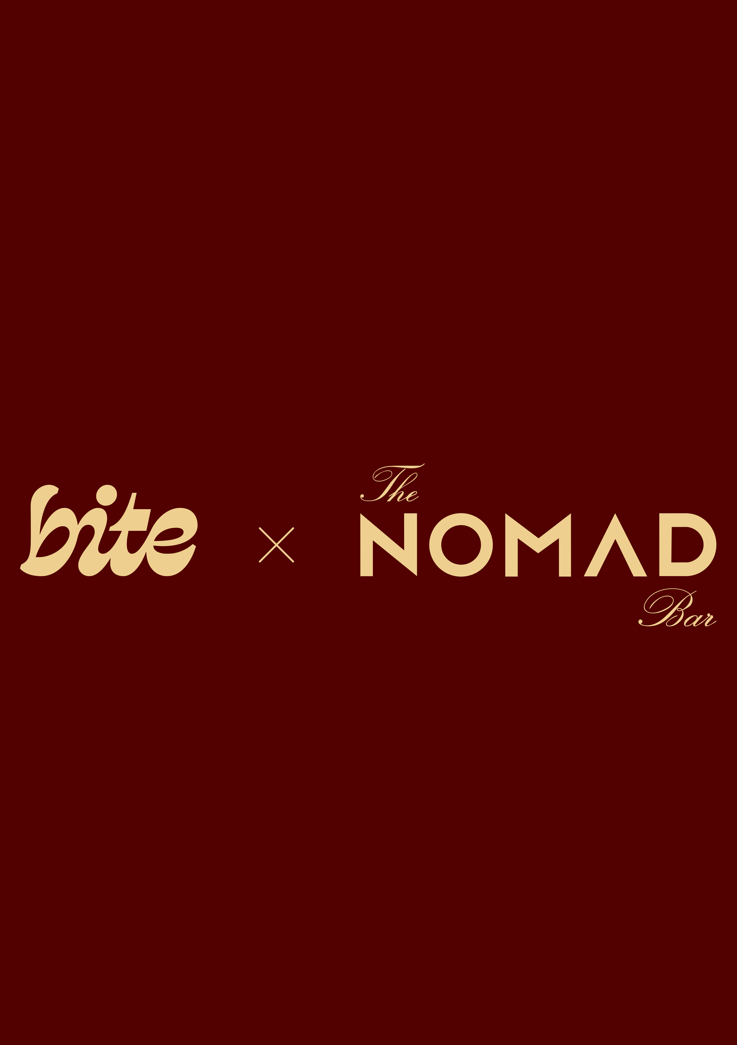 Logo for The Bite x The Nomad Bar med en mørkerød baggrund og beige tekst.