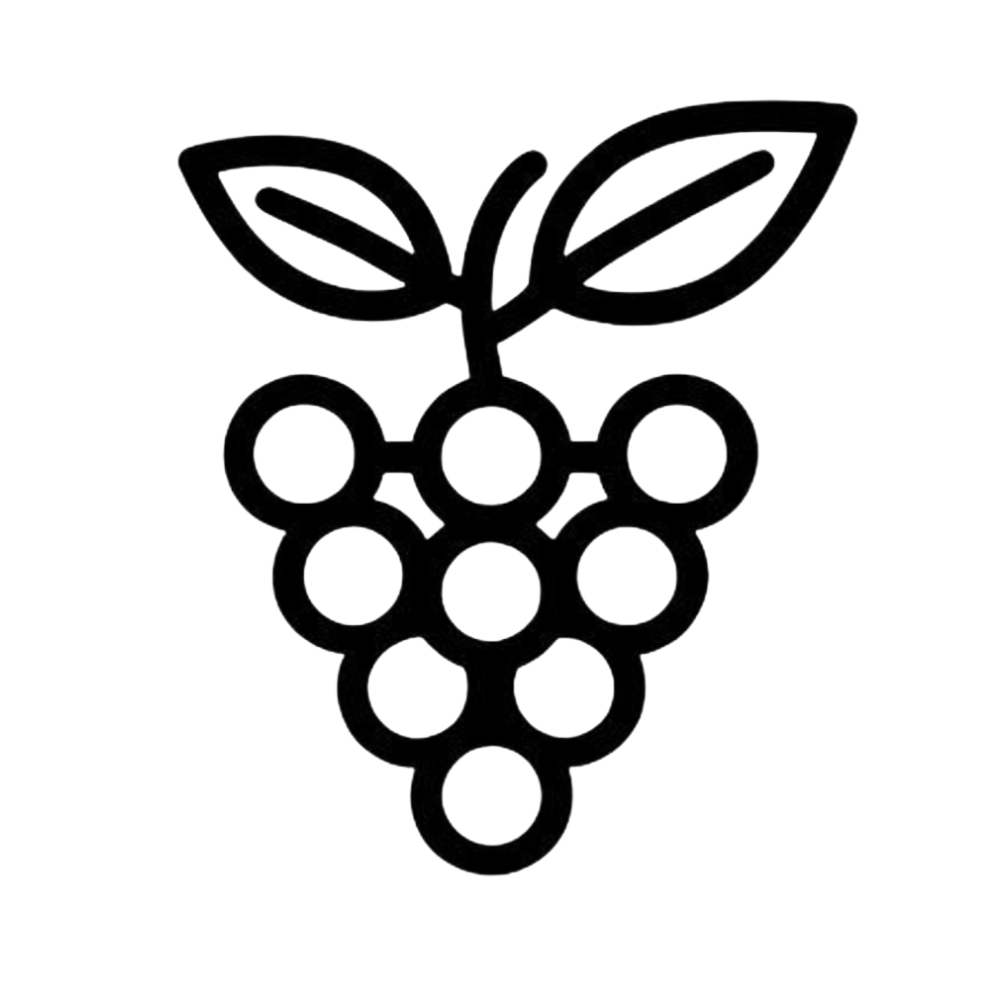 Black outline drawing of a bunch of grapes with two leaves on top.