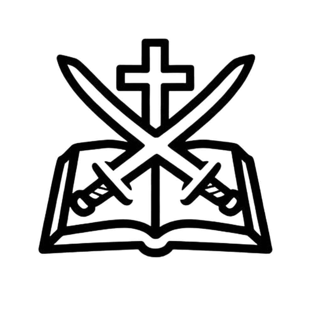 Outlined symbol of a cross, two swords, and an open book.