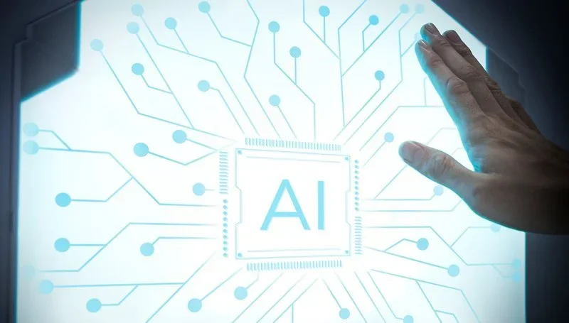 A business leader touches a glowing AI interface, symbolizing executive imagination driving organizational innovation.