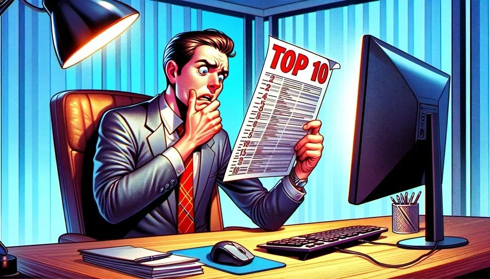 A business professional reviewing a report titled “Top 10” at a desk, symbolizing awareness of common Microsoft Copilot issues and strategies to prevent them.