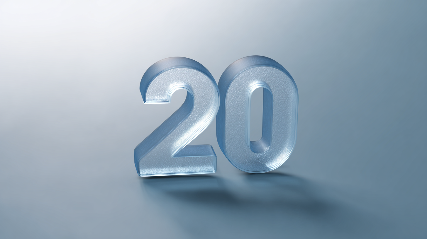 Silver 3D numbers '20' on a light blue background.