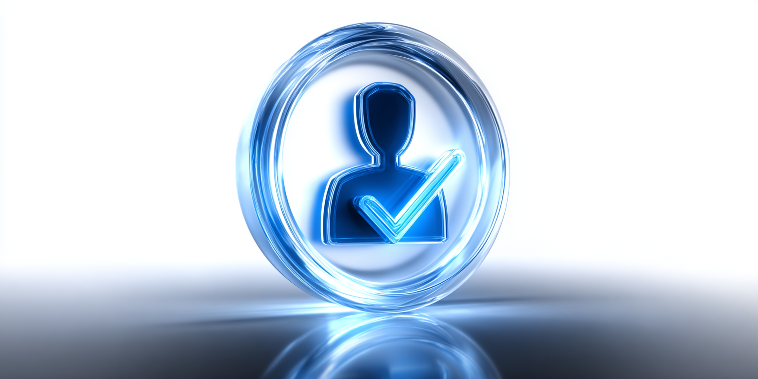 Blue illuminated icon of a person with a checkmark inside a circular border against a white background.