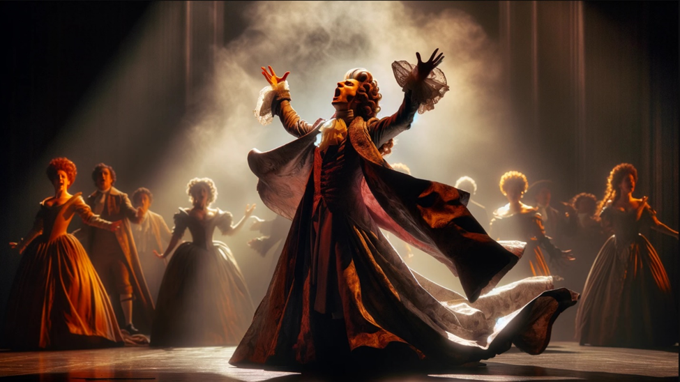 A confident business leader conducts a coordinated team on stage, symbolizing harmony and control in intranet transformation.