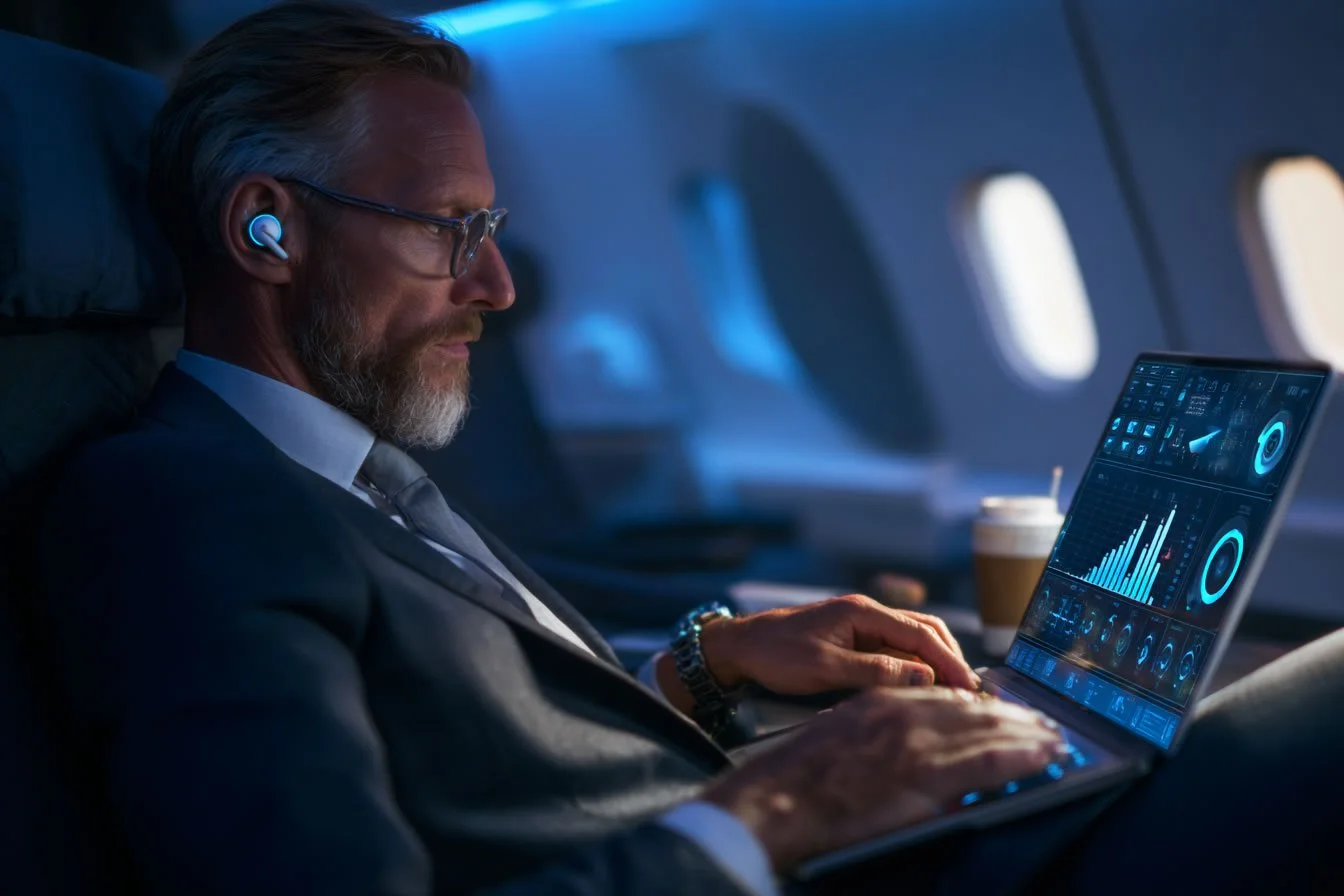 Executive using Copilot dashboards to monitor operations and optimize company processes through Safe Zone connectors.