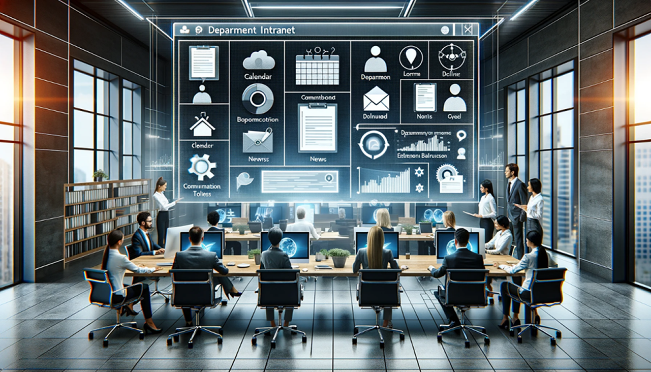 Executives in a conference room plan a unified Microsoft 365 intranet displayed on a large digital dashboard.