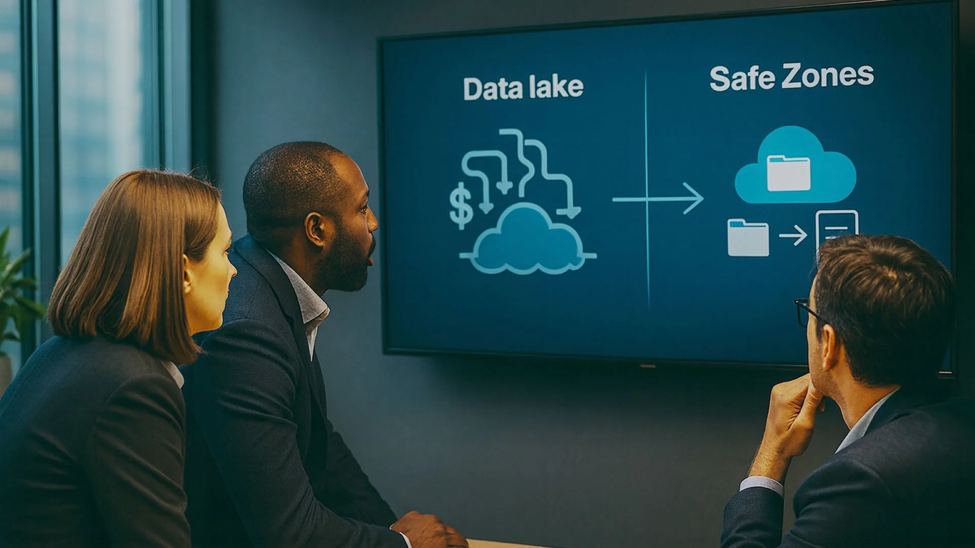 Two professionals reviewing Safe Zone architecture diagram — illustrating AI data governance and the alternative to a data lake.