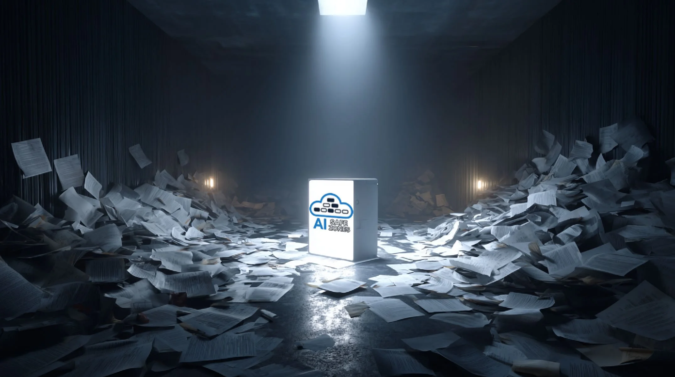 Glowing Safe Zone cube surrounded by scattered papers — symbolizing clarity emerging department by department.