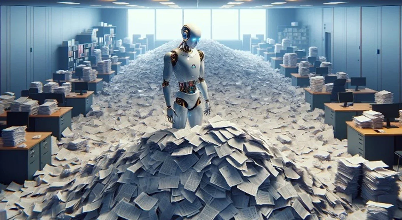 A humanoid robot standing in a massive pile of paper documents inside an office, symbolizing how Microsoft Copilot needs clean data to be effective.