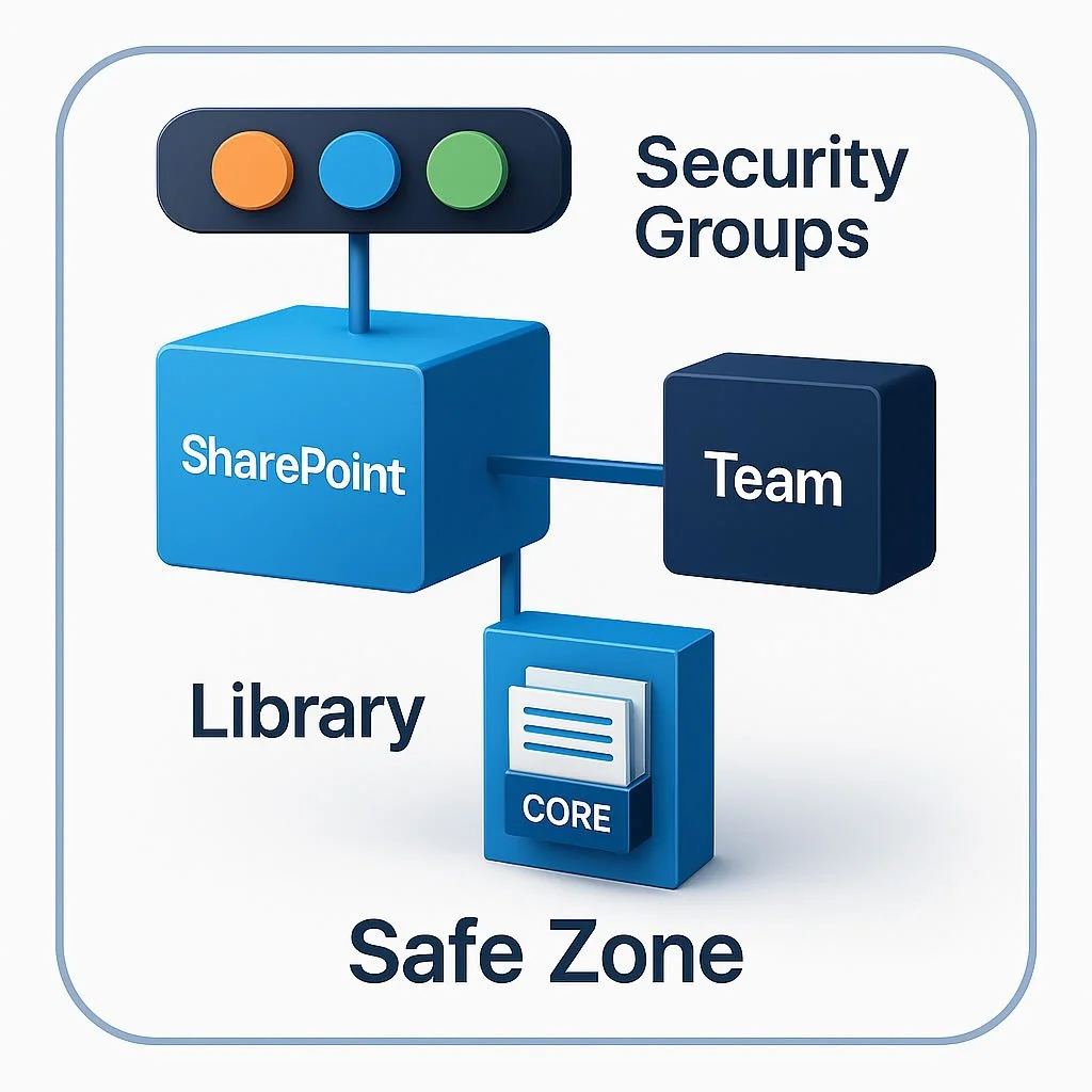 Diagram illustrating how SharePoint libraries and Teams sites form a departmental Safe Zone for Copilot governance.