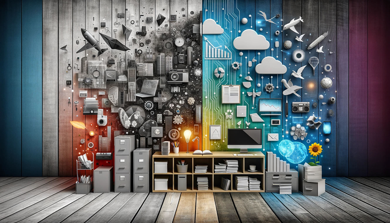 A split office showing one side outdated and the other futuristic, symbolizing the digital divide and leadership transformation.