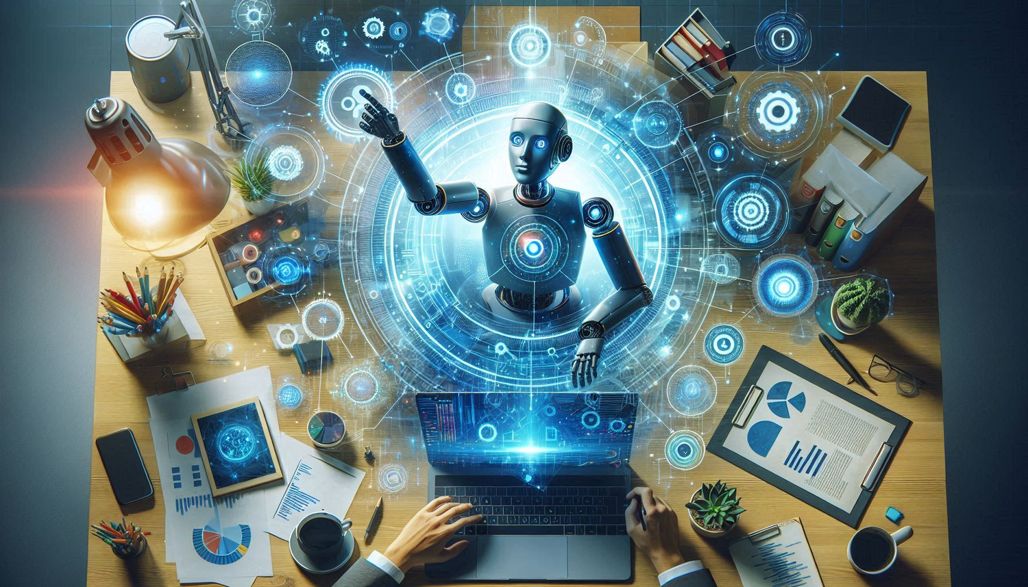 A professional team collaborating around a digital interface displaying AI-driven data and glowing network graphics, symbolizing the integration of artificial intelligence and digital competency in the modern workplace.